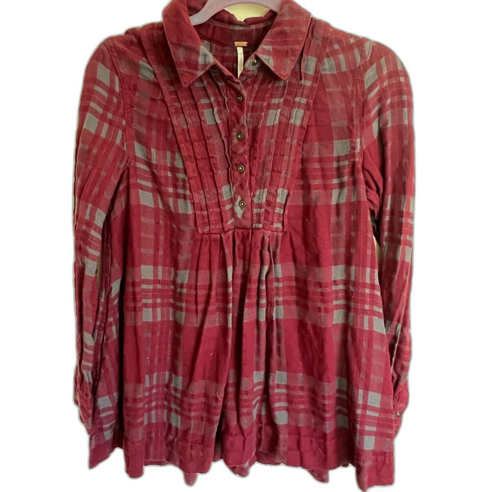 Free People Flannel Shirt Sz XS Baby Doll Long Sleeve Red Plaid Tunic